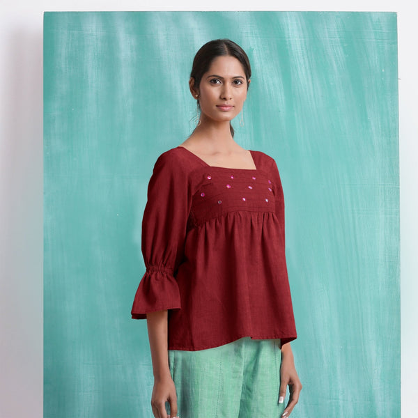 Maroon Mirror Work Handspun Cotton Poet Sleeves Yoked Top