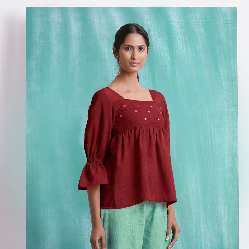 Maroon Mirror Work Handspun Cotton Poet Sleeves Yoked Top