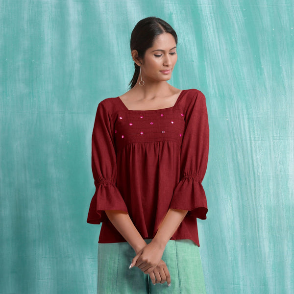 Maroon Mirror Work Handspun Cotton Poet Sleeves Yoked Top