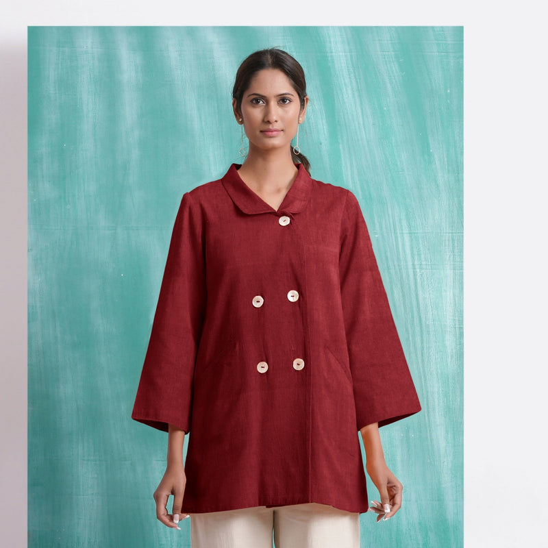 Maroon Mirror Work Handspun Cotton Welt Pocket Coat