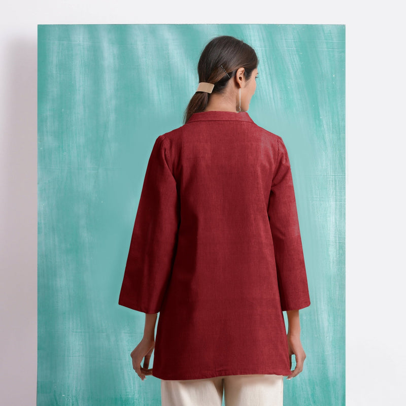 Maroon Mirror Work Handspun Cotton Welt Pocket Coat