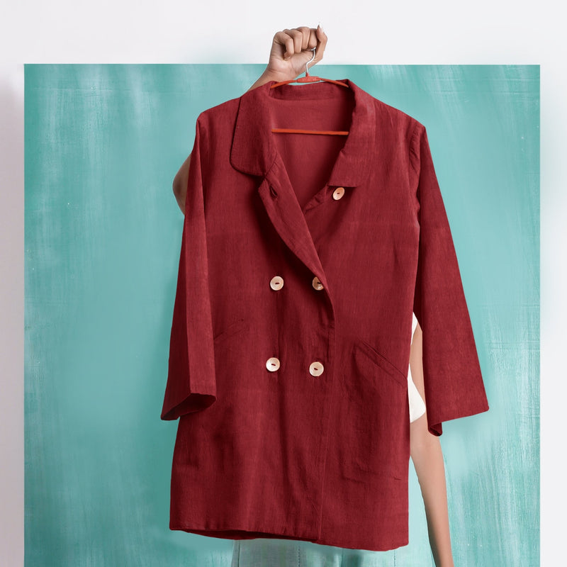 Maroon Mirror Work Handspun Cotton Welt Pocket Coat