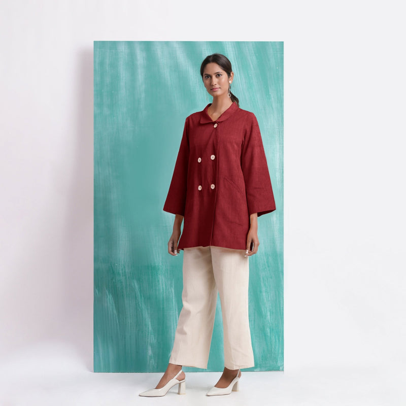 Maroon Mirror Work Handspun Cotton Welt Pocket Coat