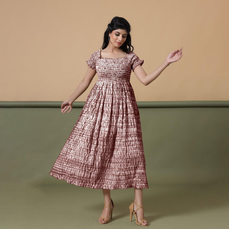 Front View of a Model wearing Maroon Shibori Elasticated Gathered Dress