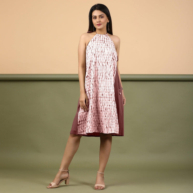 Front View of a Model wearing Maroon Shibori Halter Neck A line Dress