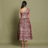 Back View of a Model wearing Maroon Shibori One-Shoulder Midi Dress