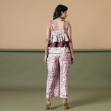 Back View of a Model wearing Maroon Shibori Frilled Camisole Jumpsuit