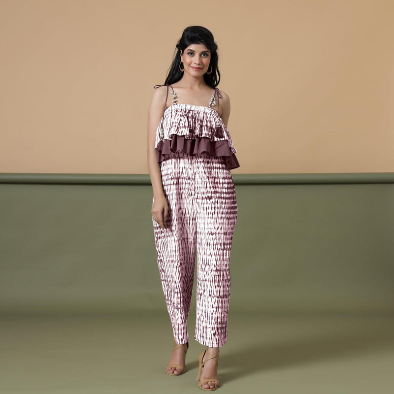 Front View of a Model wearing Maroon Shibori Frilled Camisole Jumpsuit