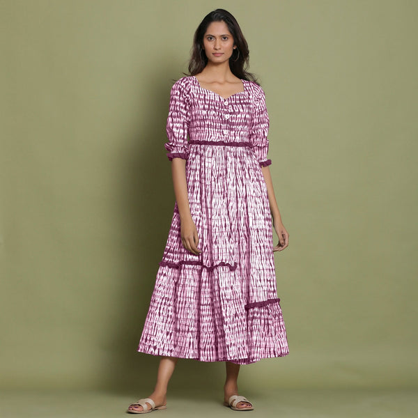 Maroon Tie-Dye Cotton Sweetheart Neck Asymmetrical Maxi Dress