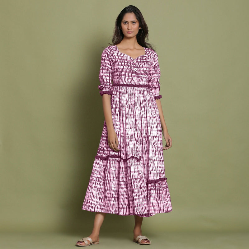 Maroon Tie-Dye Cotton Sweetheart Neck Asymmetrical Maxi Dress