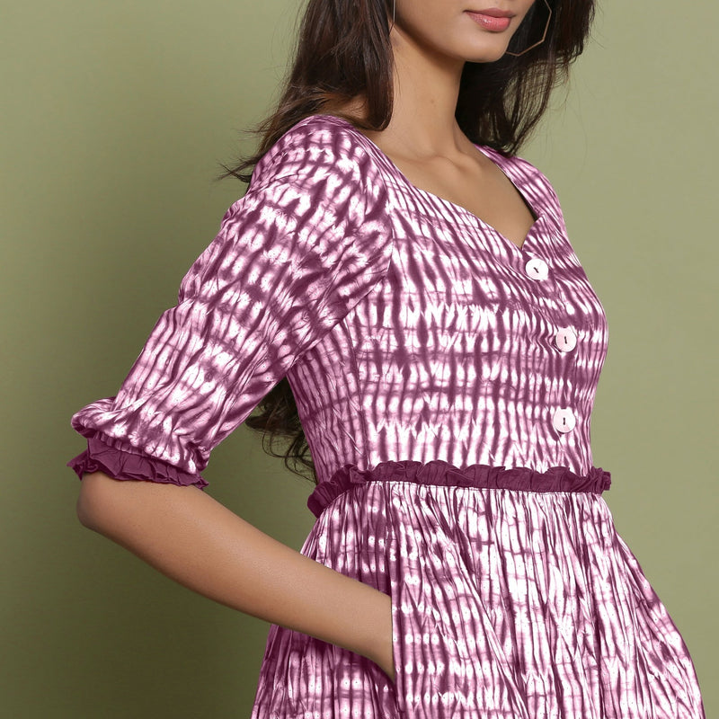 Maroon Tie-Dye Cotton Sweetheart Neck Asymmetrical Maxi Dress