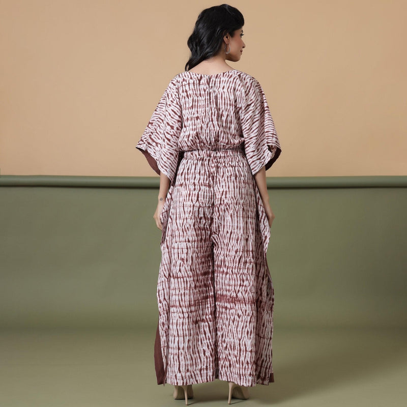 Back View of a Model wearing Shibori V-Neck Kaftan Jumpsuit