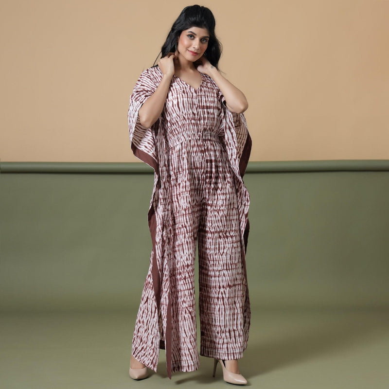 Front View of a Model wearing Shibori V-Neck Kaftan Jumpsuit