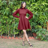 Maroon Warm Cotton Waffle Fit and Flare Short Dress