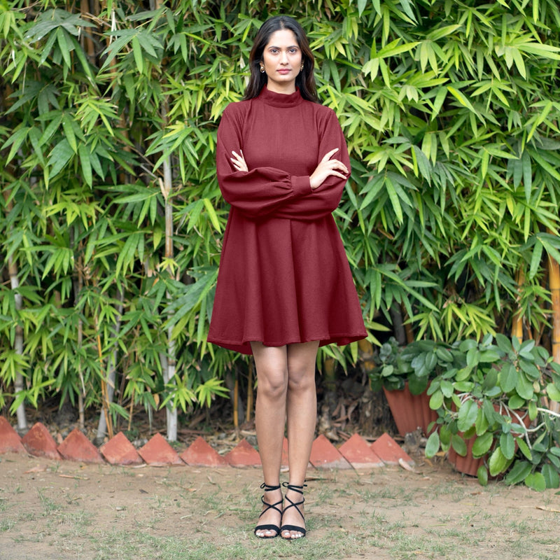 Maroon Warm Cotton Waffle Fit and Flare Short Dress 32" / Tall (5'7" and above) Maroon Warm Cotton Waffle Fit and Flare Short Dress 32" / Tall (5'7" and above)