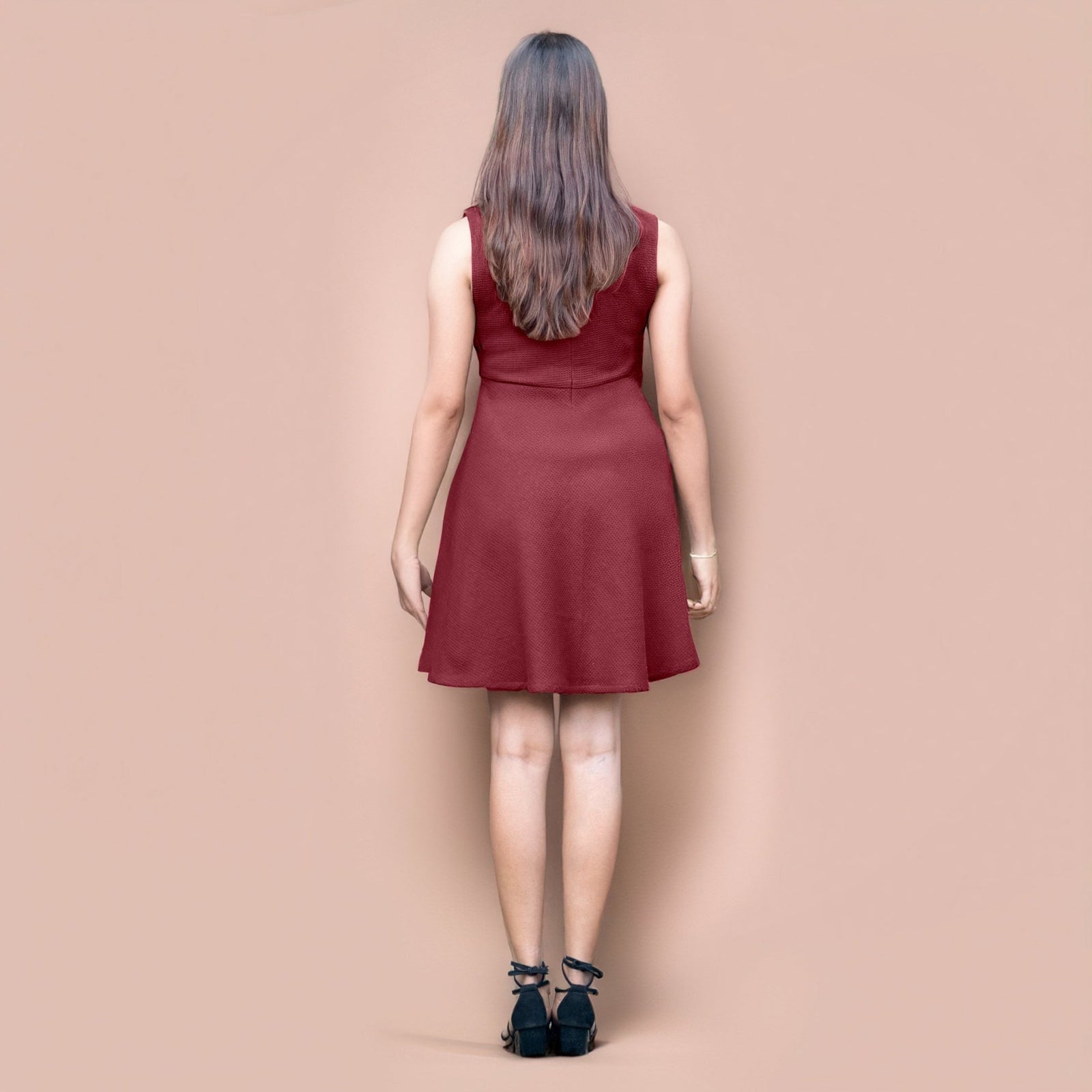 Maroon Warm Cotton Waffle Fit and Flare Short Sleeveless Dress 48" / Custom Height (Free)