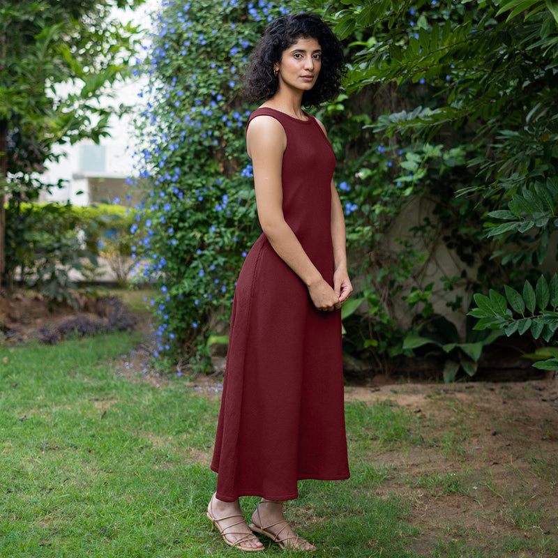 Maroon Warm Cotton Waffle Fit and Flare Sleeveless Maxi Dress