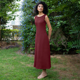 Maroon Warm Cotton Waffle Fit and Flare Sleeveless Maxi Dress