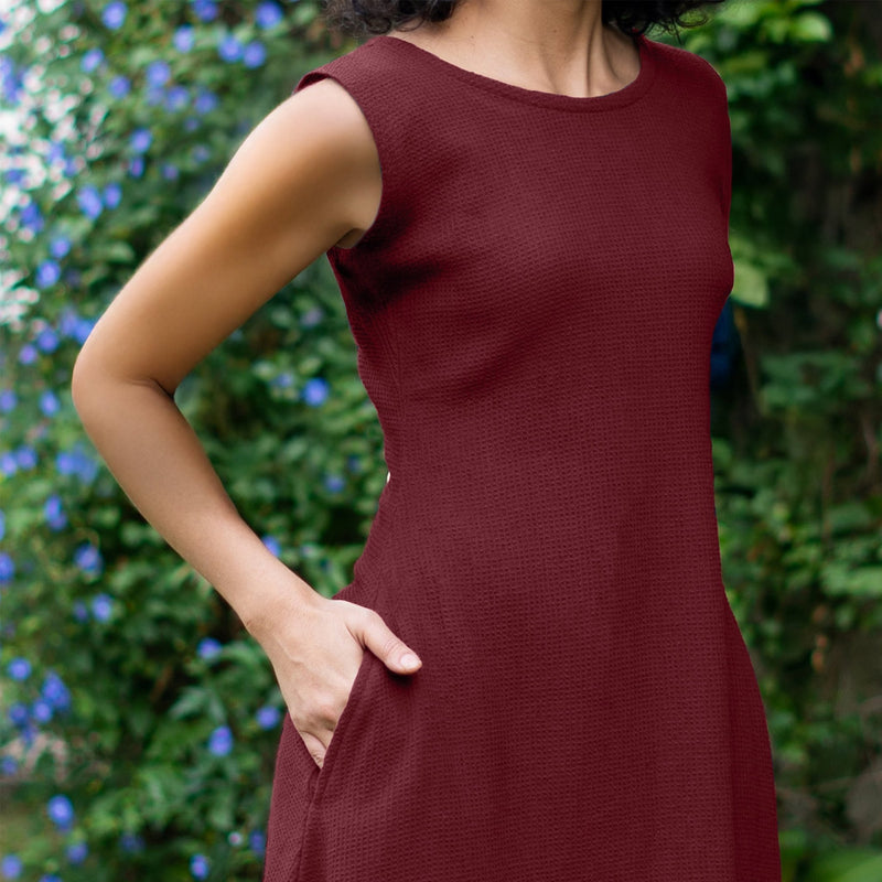 Maroon Warm Cotton Waffle Fit and Flare Sleeveless Maxi Dress