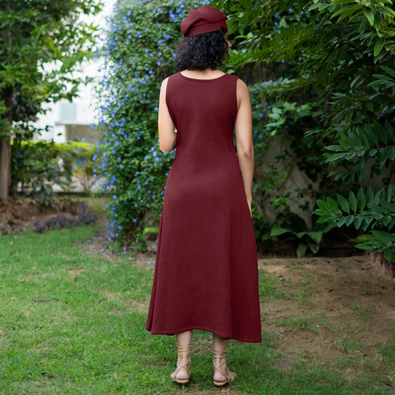 Maroon Warm Cotton Waffle Fit and Flare Sleeveless Maxi Dress