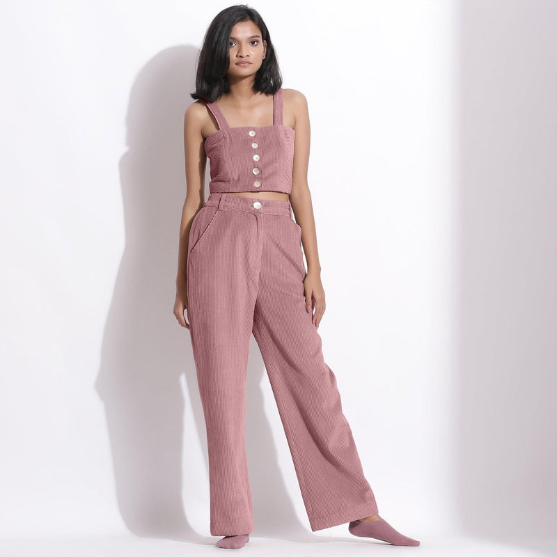 Front View of a Model wearing Mauve Corduroy Crop Top and Trouser Pant Set