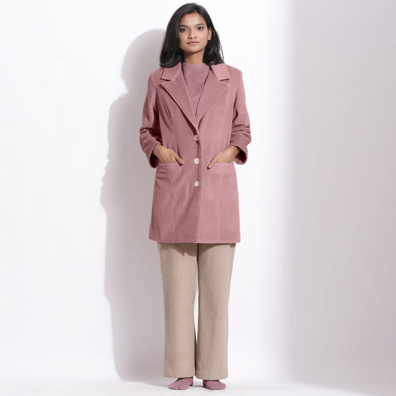 Front View of a Model wearing Mauve Cotton Corduroy Long Coat