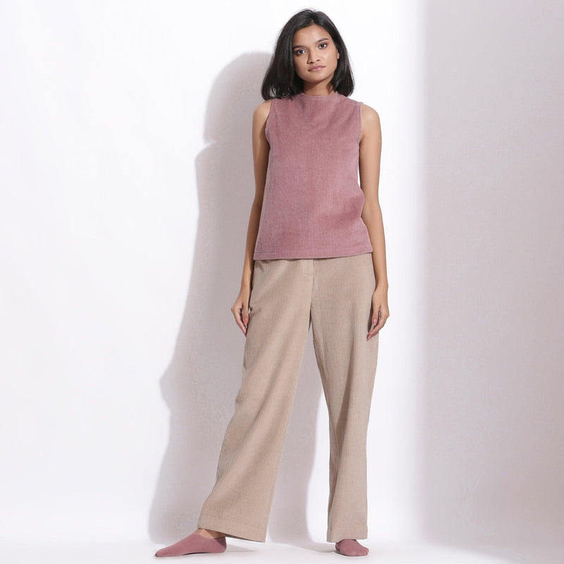 Front View of a Model wearing Mauve Cotton Corduroy Funnel Neck Top