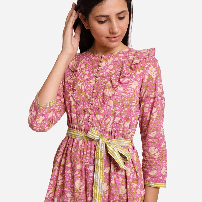 Front Detail of a Model wearing Mauve Sanganeri Block Print Cotton Midi Dress