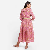 Back View of a Model wearing Mauve Sanganeri Block Print Cotton Midi Dress