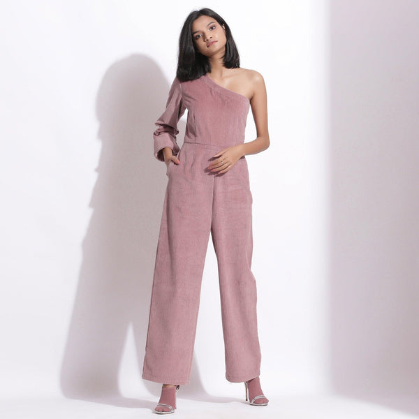 Front View of a Model wearing Mauve Warm Cotton Corduroy Ankle Length One-Shoulder Jumpsuit