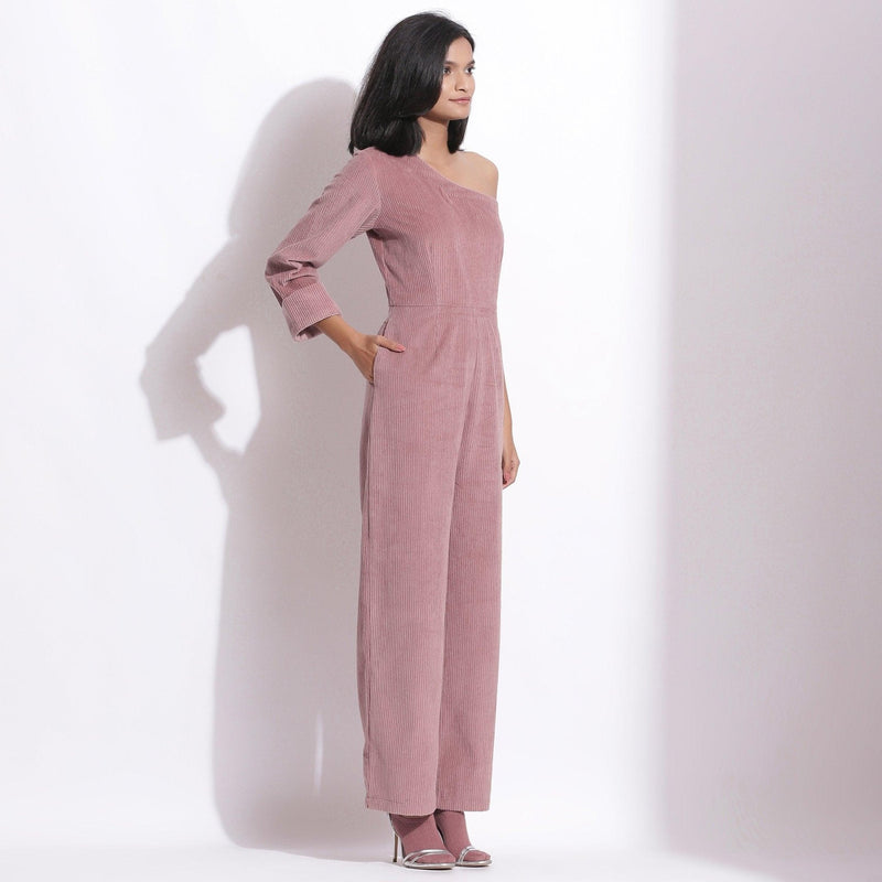 Right View of a Model wearing Mauve Corduroy One-Shoulder Jumpsuit