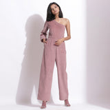 Front View of a Model wearing Mauve Corduroy One-Shoulder Jumpsuit