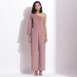 Front View of a Model wearing Mauve Corduroy One-Shoulder Jumpsuit