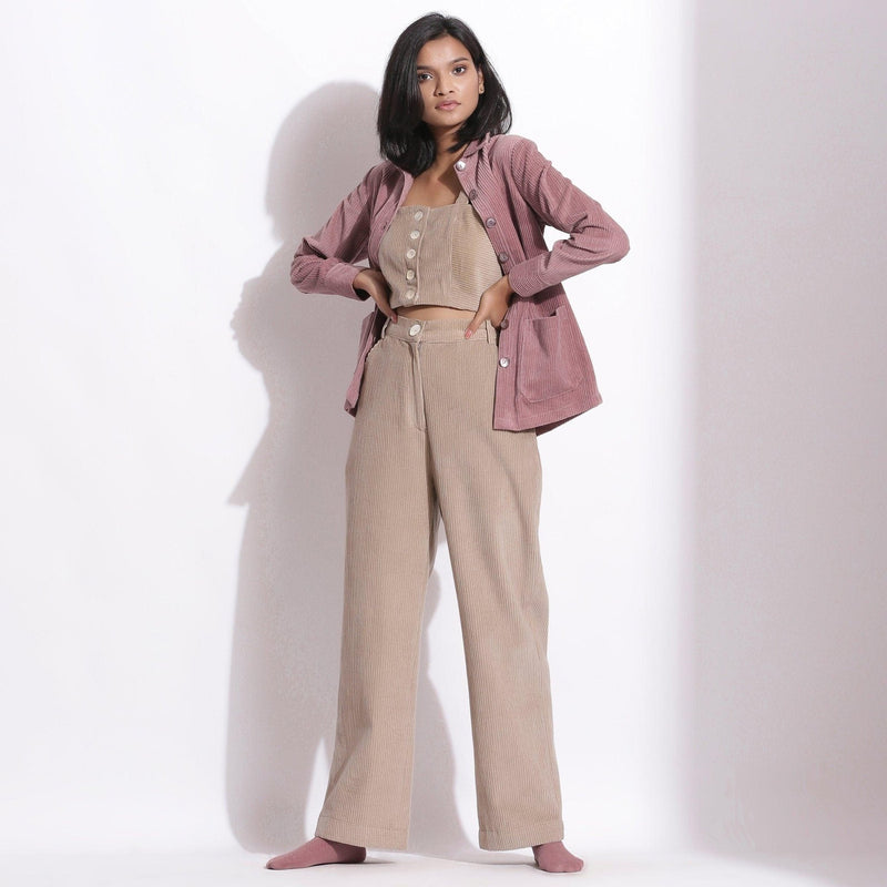 Front View of a Model wearing Mauve Corduroy Button-Down Pocket Shirt