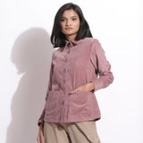 Front View of a Model wearing Mauve Corduroy Button-Down Pocket Shirt