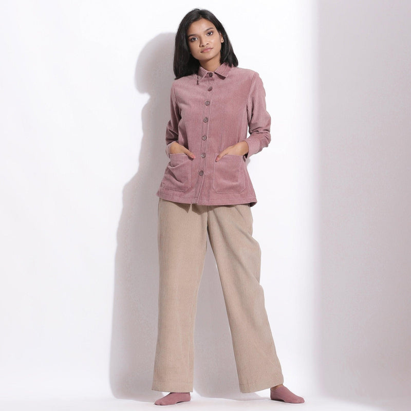 Front View of a Model wearing Mauve Corduroy Button-Down Pocket Shirt