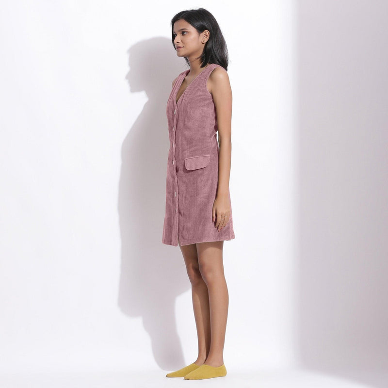 Left View of a Model wearing Cotton Corduroy Mauve Button-Down Dress