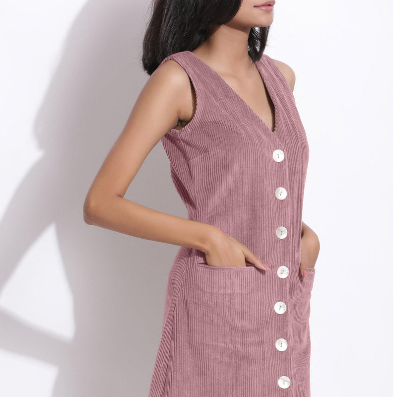 Right Detail of a Model wearing Cotton Corduroy Mauve Button-Down Dress