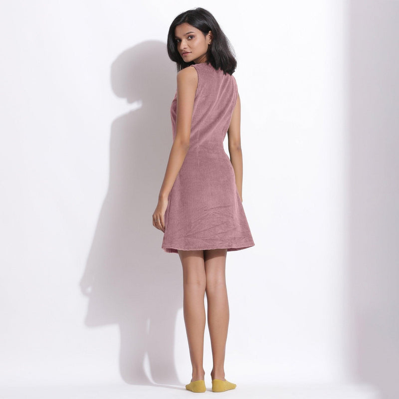 Back View of a Model wearing Cotton Corduroy Mauve Button-Down Dress