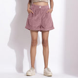 Front View of a Model wearing Mauve Cotton Corduroy Baggy Shorts