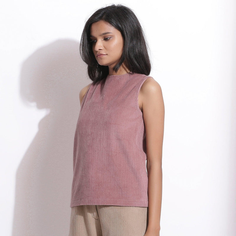 Left View of a Model wearing Mauve Cotton Corduroy Funnel Neck Top