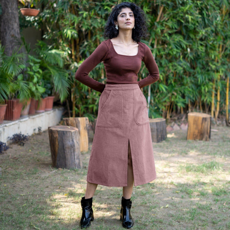 Mauve Warm Cotton Corduroy High-Rise A-Line Midi Slit Skirt 63" / Regular (5'2" - 5'6") Mauve Warm Cotton Corduroy High-Rise A-Line Midi Slit Skirt 63" / Regular (5'2" - 5'6")