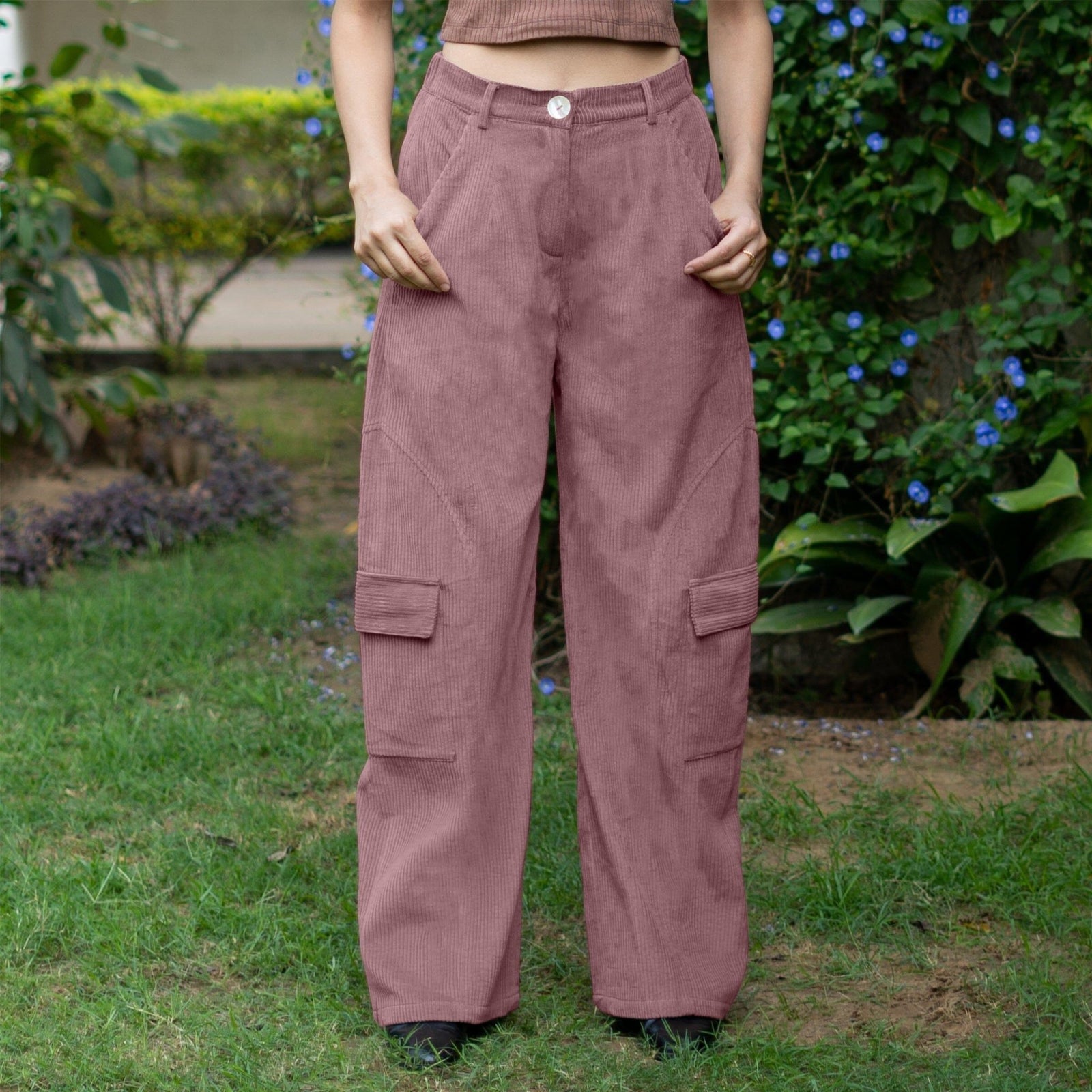 Buy Mauve Warm Cotton Corduroy High-Rise Baggy Cargo Pant Online