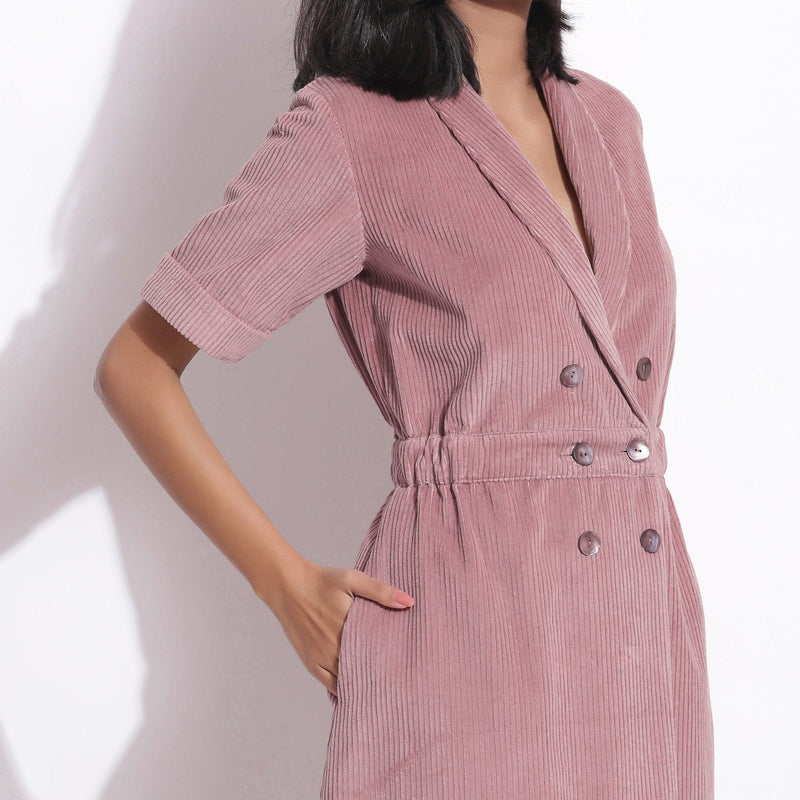 Front Detail of a Model wearing Cotton Corduroy Mauve Coat Dress