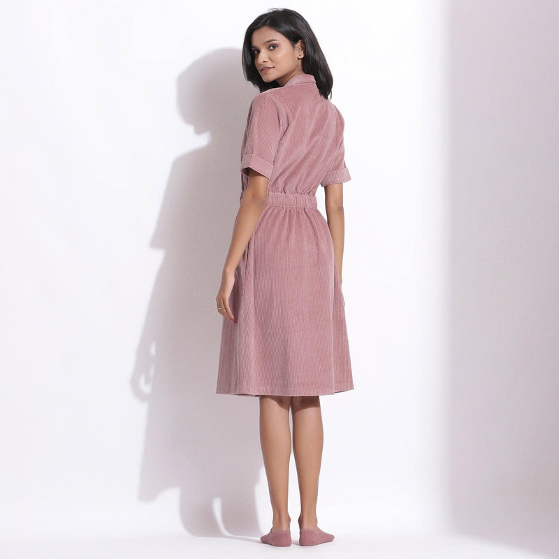 Back View of a Model wearing Cotton Corduroy Mauve Coat Dress