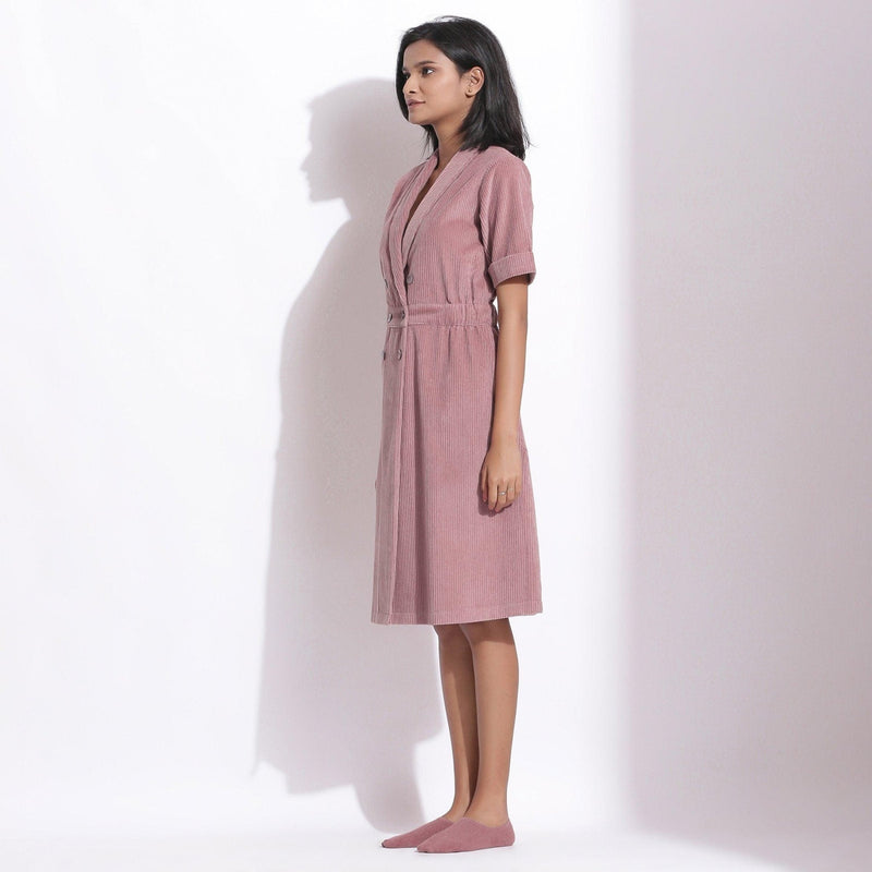 Left View of a Model wearing Cotton Corduroy Mauve Coat Dress