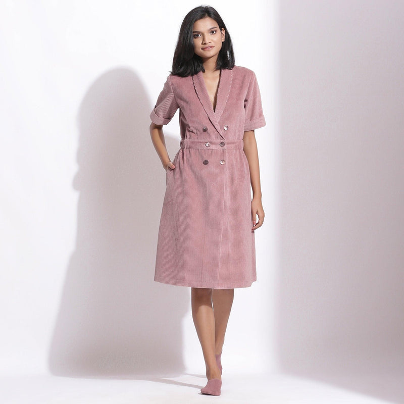 Front View of a Model wearing Cotton Corduroy Mauve Coat Dress