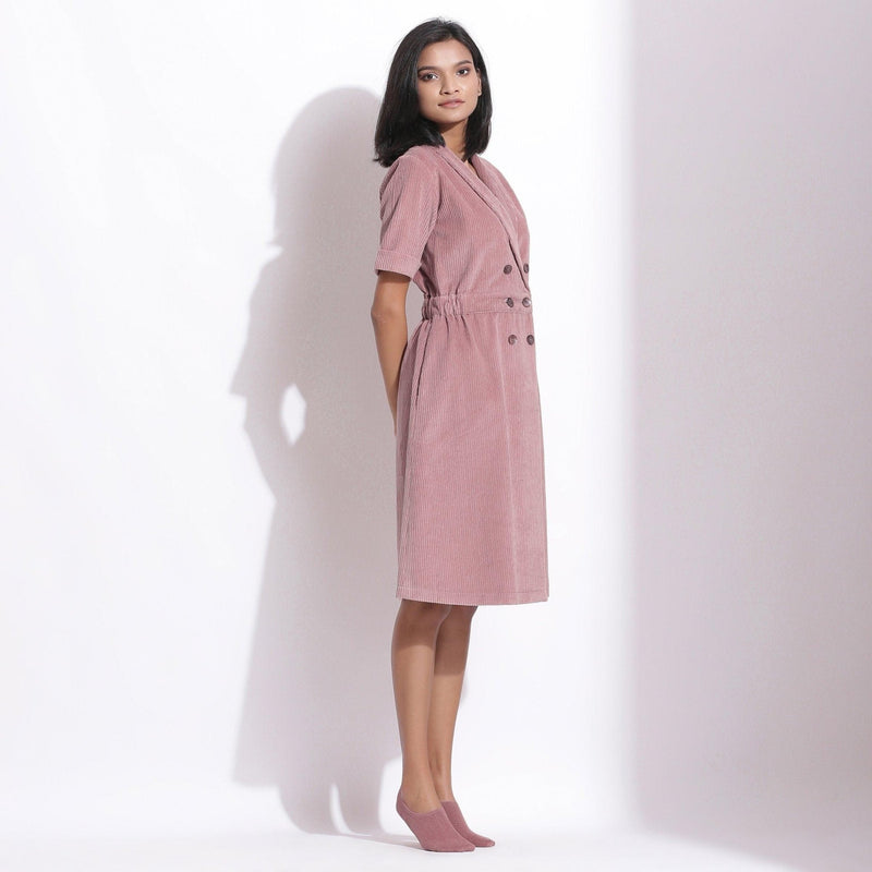 Right View of a Model wearing Cotton Corduroy Mauve Coat Dress