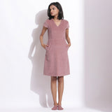 Front View of a Model wearing Mauve Cotton Corduroy V-Neck Dress