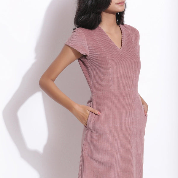 Front Detail of a Model wearing Mauve Cotton Corduroy V-Neck Dress